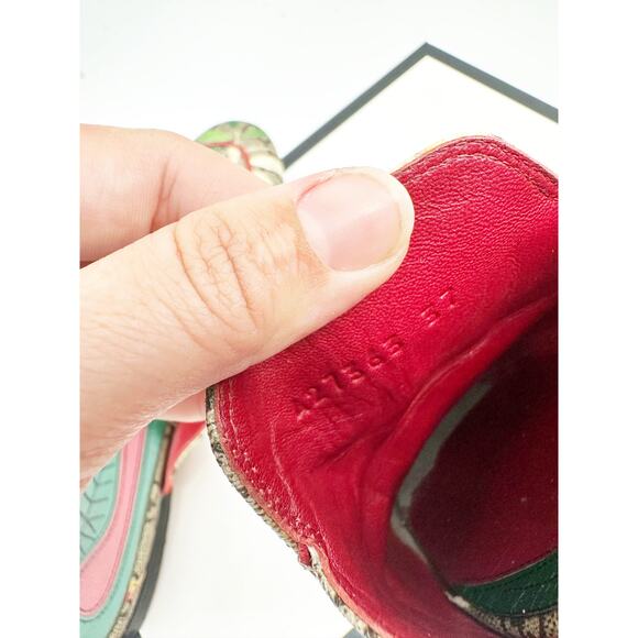 Gucci Princetown Gold Horsebit Tian GG Monogram Bird Print Canvas Mules Size 37 - Picture 3 of 6